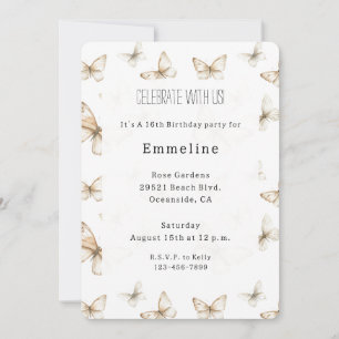 Invitación Cumpleaños Mariposas Blancas Crema Dorada Chic