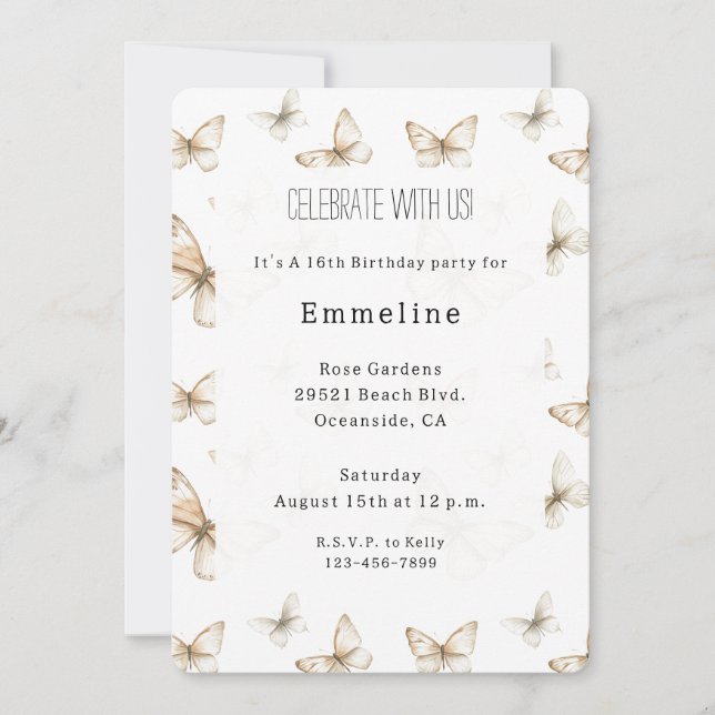 Invitación Cumpleaños Mariposas Blancas Crema Dorada Chic (Anverso)