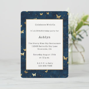 Invitación Cumpleaños Mariposas Doradas Azul Celeste