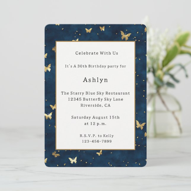 Invitación Cumpleaños Mariposas Doradas Azul Celeste (Anverso de pie)