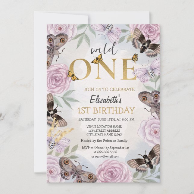 Invitación Cumpleaños Mariposas Flores Salvaje Uno  (Anverso)