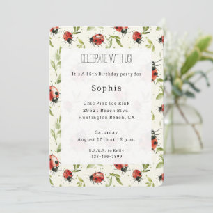 Invitación Cumpleaños Mariquitas Hojas Verdes Rojas