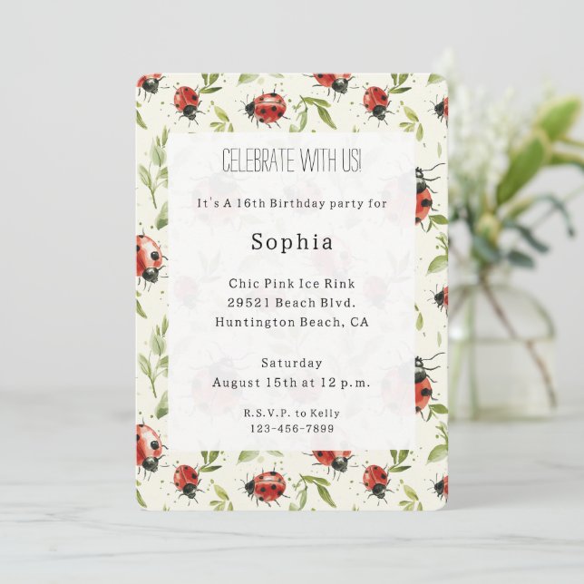 Invitación Cumpleaños Mariquitas Hojas Verdes Rojas (Anverso de pie)
