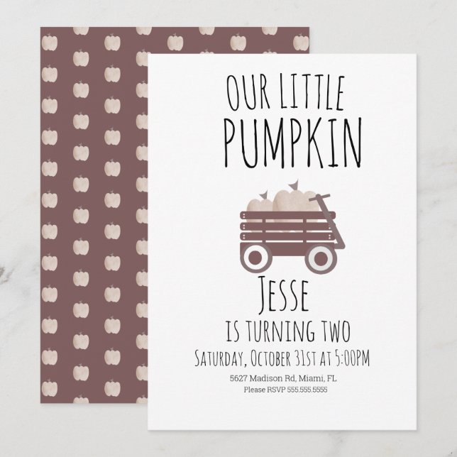 Invitación Cumpleaños Marrón de Vagón de Otoño de Parche de C (Anverso / Reverso)