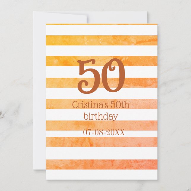 Invitación Cumpleaños marrón número 50 rayas naranja rojo nom (Anverso)