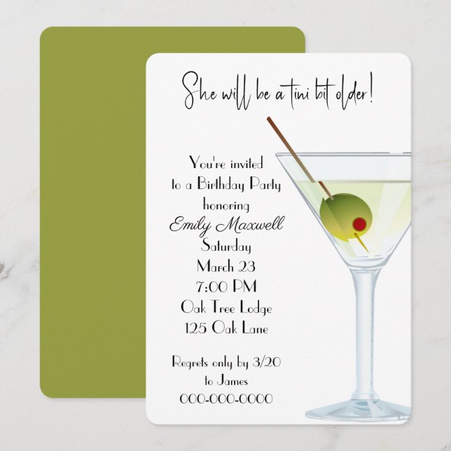 Invitación Cumpleaños Martini Fiesta En Blanco (Anverso / Reverso)