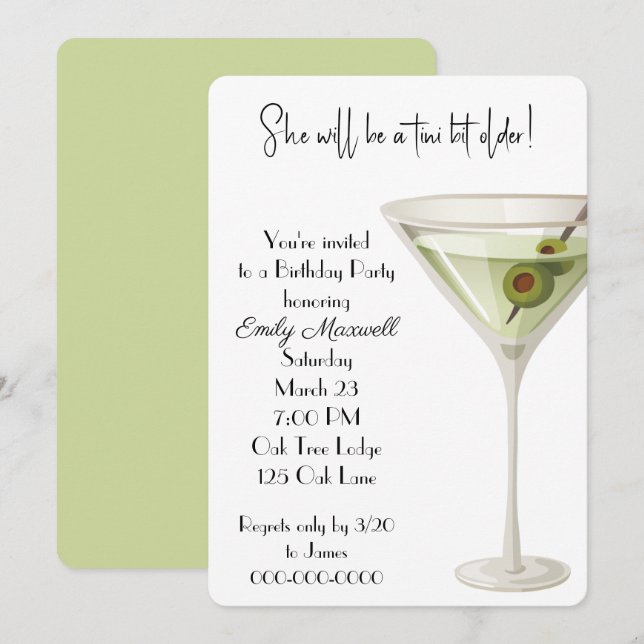 Invitación Cumpleaños Martini Fiesta En Blanco (Anverso / Reverso)