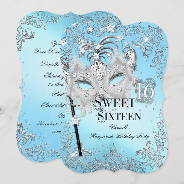 Invitación Cumpleaños Masquerade Blue Silver Sweet 16 (Anverso / Reverso)