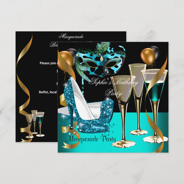 Invitación Cumpleaños Masquerade Stiletto Vino Teal Dorado 2 (Anverso / Reverso)