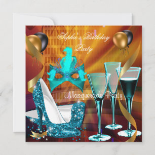 Invitación Cumpleaños Masquerade Tacón Alto Vino Teal Dorado 