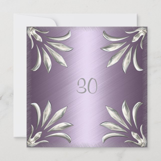 Invitación Cumpleaños Mauve con Floral Plateado (Anverso)