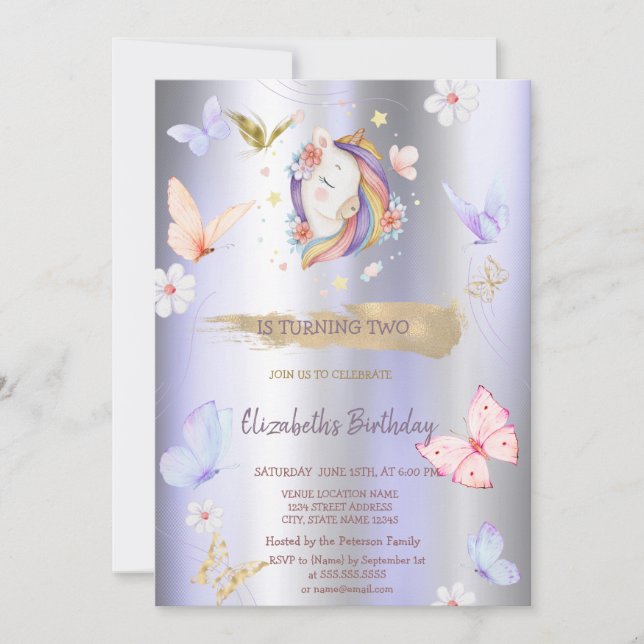 Invitación Cumpleaños Metálico Violeta de Mariposas de Unicor (Anverso)