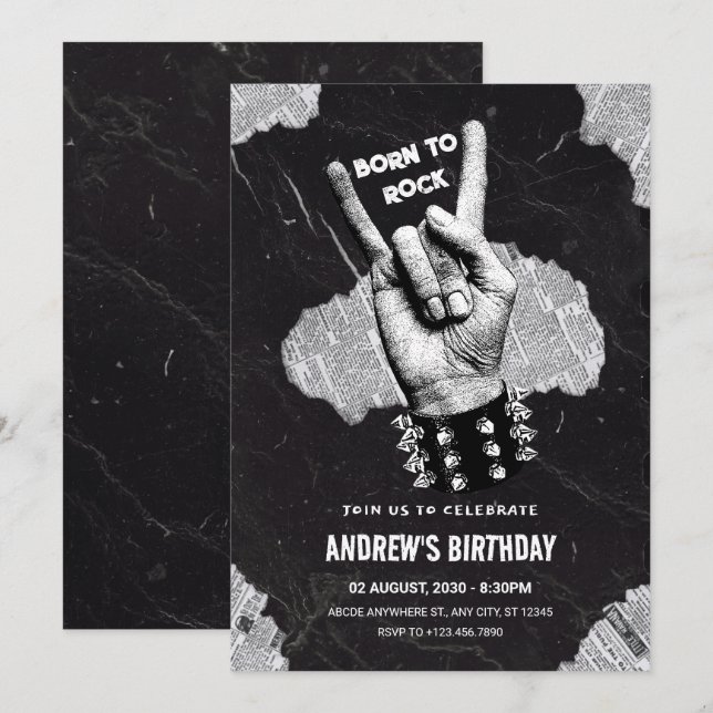 Invitación cumpleaños metalizado de Rock Negro (Anverso / Reverso)