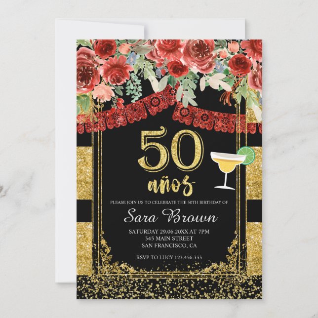 Invitación Cumpleaños Mexicano 50 años Roses Roses (Anverso)