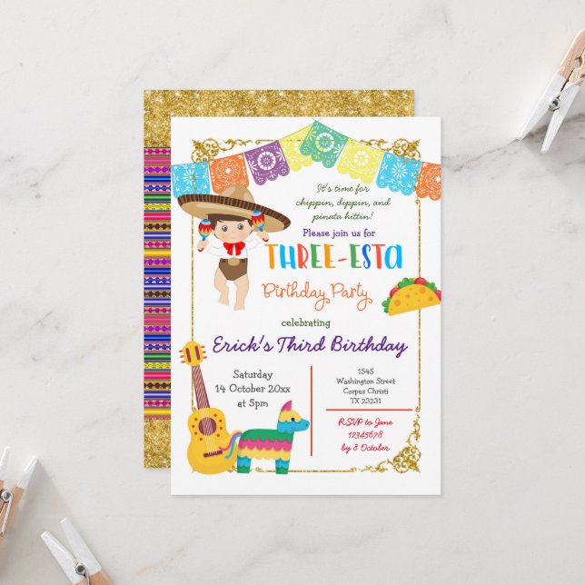 Invitación Cumpleaños Mexicano del Niño Charro de tres años (Anverso/Reverso In Situ)