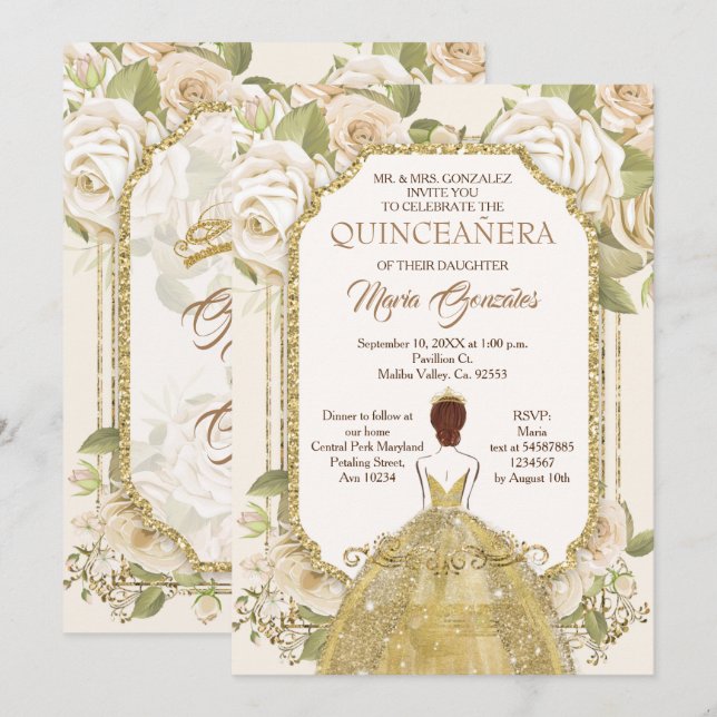 Invitación Cumpleaños Mexicano Quinceanera de Flores Blancas (Anverso / Reverso)