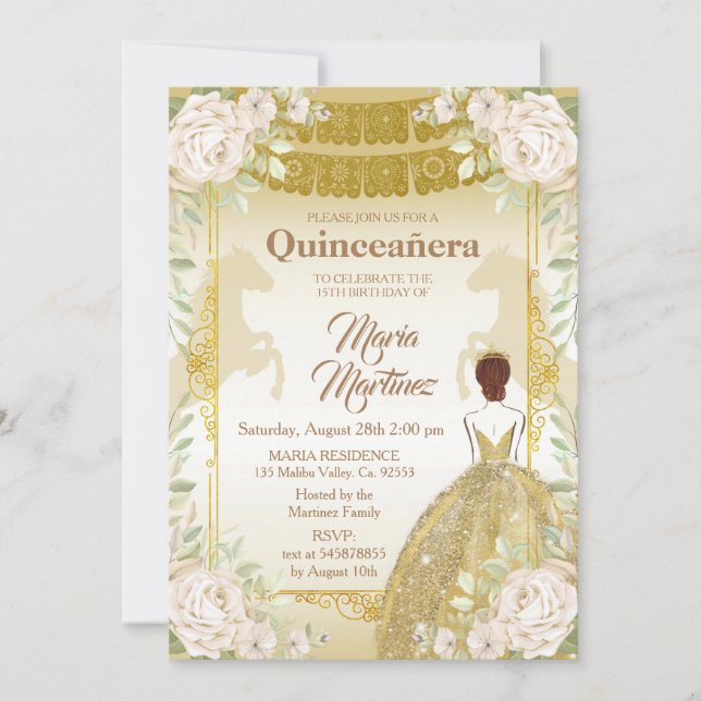 Invitación Cumpleaños mexicano Quinceanera White y Gold  (Anverso)