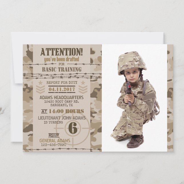 Invitación Cumpleaños Militar de Camuflaje del desierto del E (Anverso)