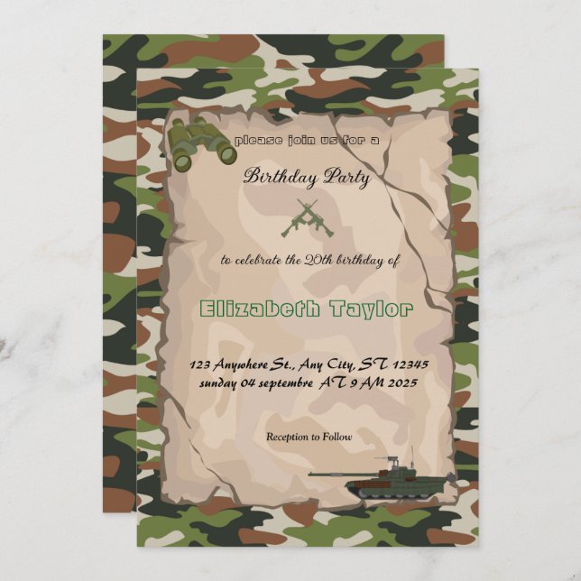 Invitación Cumpleaños Militar de Soldados del Ejército (Anverso / Reverso)