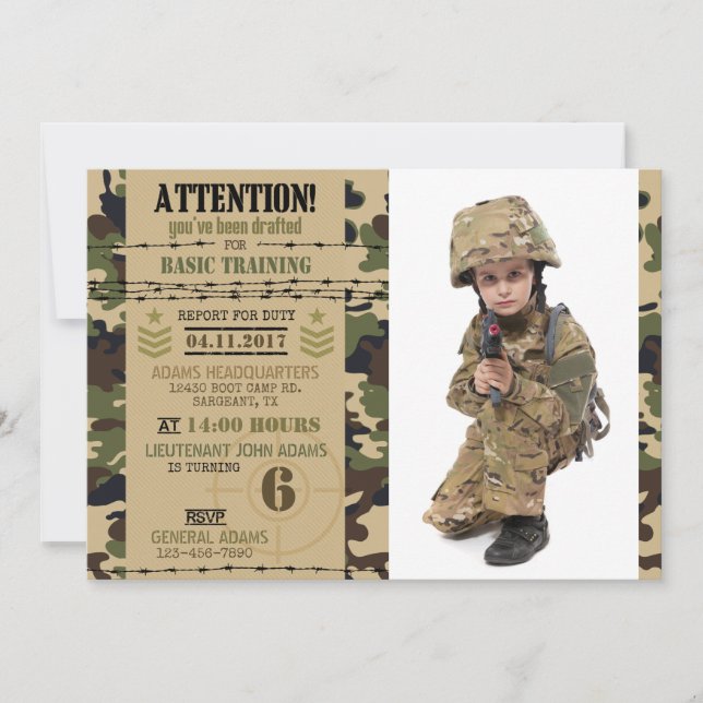 Invitación Cumpleaños Militar de Woodland Camouflage (Anverso)