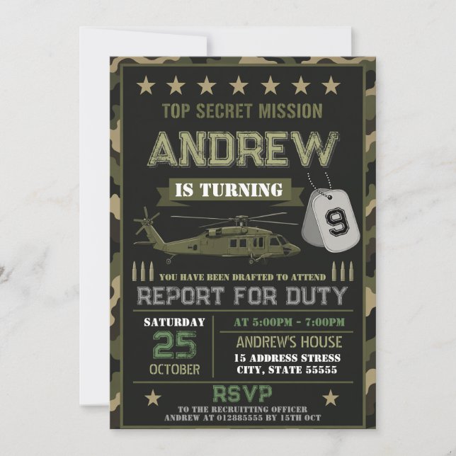 Invitación Cumpleaños militar moderno personalizado (Anverso)