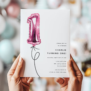 Invitación Cumpleaños Minimalista con Un Globo Rosa
