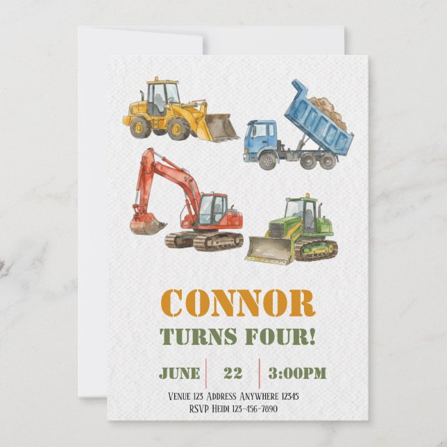 Invitación Cumpleaños Minimalista de Construcción con Acuarel (Anverso)