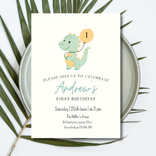 Invitación Cumpleaños Minimalista de Dinosaurio Uno Fiesta T 
