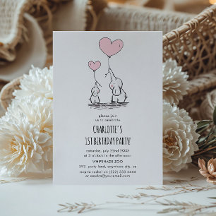 Invitación Cumpleaños minimalista de niñas con elefante rosa