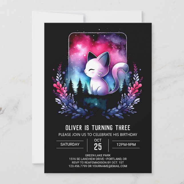 Invitación Cumpleaños minimalista del Gato Boho (Anverso)