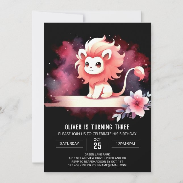 Invitación Cumpleaños minimalista del León Cute (Anverso)