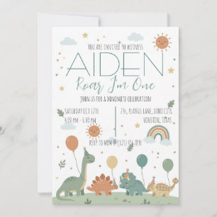 Invitación Cumpleaños Minimalista Dinosaurio 3 Años Fiesta Ne
