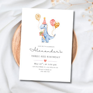 Invitación Cumpleaños Minimalista Dinosaurio Tres Rex Niños