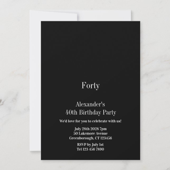 Invitación Cumpleaños minimalista negro blanco 40 (Anverso)