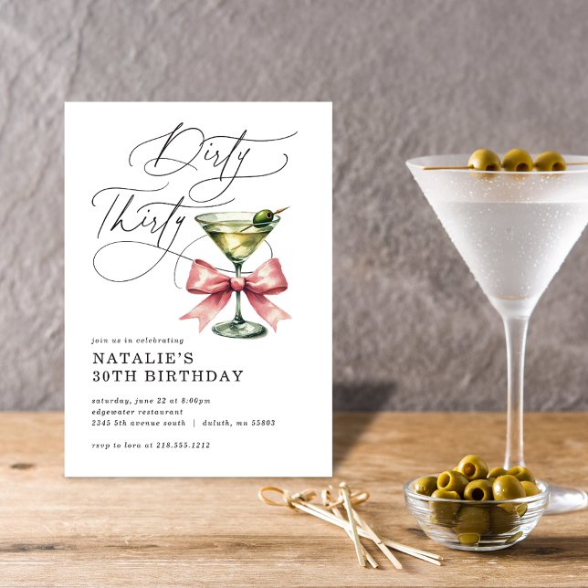Invitación Cumpleaños Minimalista Suciamente Treinta Martini  (Minimalist Dirty Thirty Martini Pink Bow Birthday Invitation)