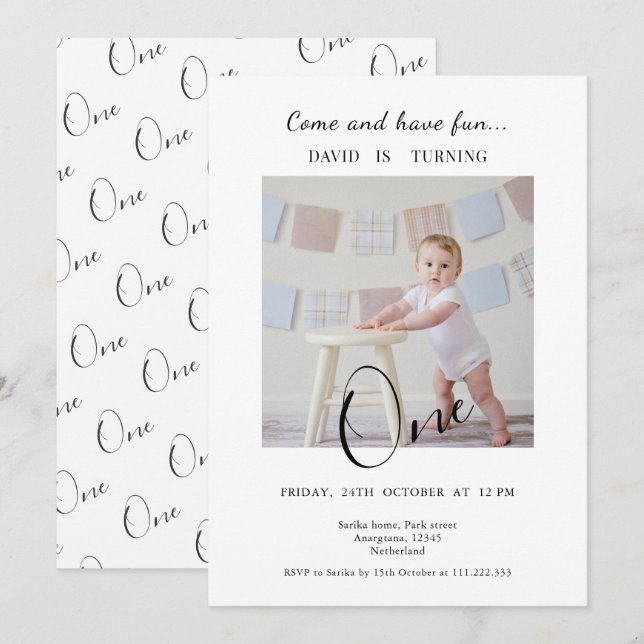 Invitación Cumpleaños Minimalista Uno Foto Personalizada (Anverso / Reverso)