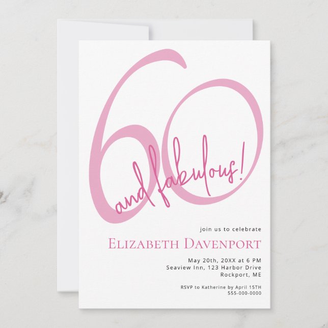 Invitación Cumpleaños Mínimo 60 y Fabuloso Rosa (Anverso)