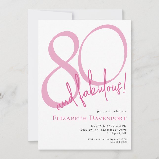 Invitación Cumpleaños Mínimo 80 y Fabuloso Rosa (Anverso)