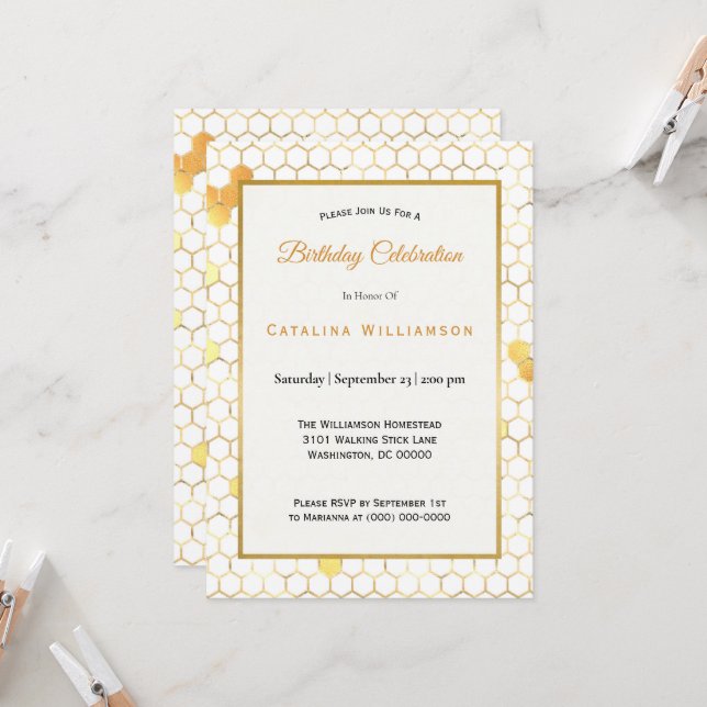 Invitación Cumpleaños Mínimo de Honeycomb de Oro (Anverso/Reverso In Situ)