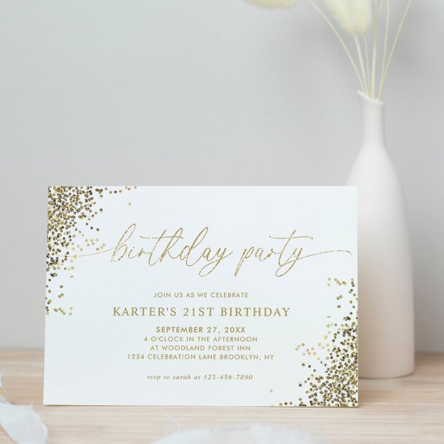 Invitación Cumpleaños Mínimo Glam White Gold Confetti Adulto (Subido por el creador)