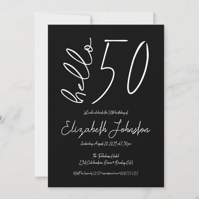 Invitación Cumpleaños Mínimo Negro y Blanco Hello 50 Fabuloso (Anverso)