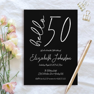 Invitación Cumpleaños Mínimo Negro y Blanco Hello 50 Fabuloso