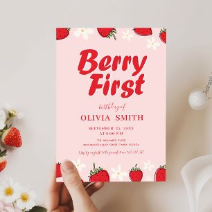 Invitación Cumpleaños Mínimo Rojo Rosa Fresa Fruta Primera