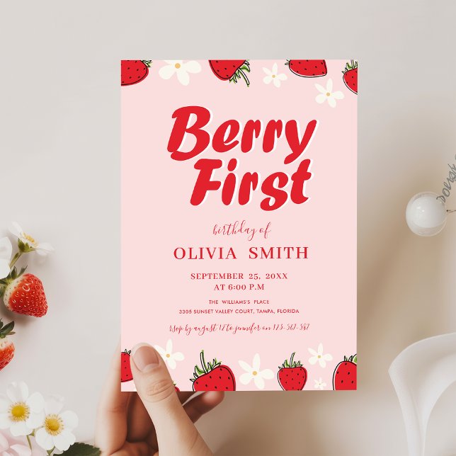 Invitación Cumpleaños Mínimo Rojo Rosa Fresa Fruta Primera (Subido por el creador)