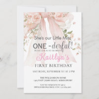 Cumpleaños Miss Onederful Girl Pink Bow Floral 1st