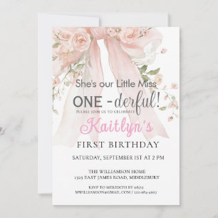 Invitación Cumpleaños Miss Onederful Girl Pink Bow Floral 1st