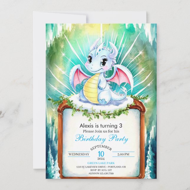 Invitación Cumpleaños místico del Dragón Cuto (Anverso)
