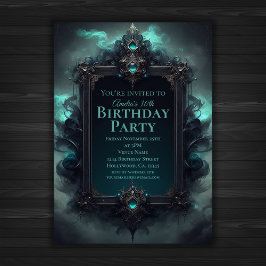 Invitación Cumpleaños místico negro y Verde azulado