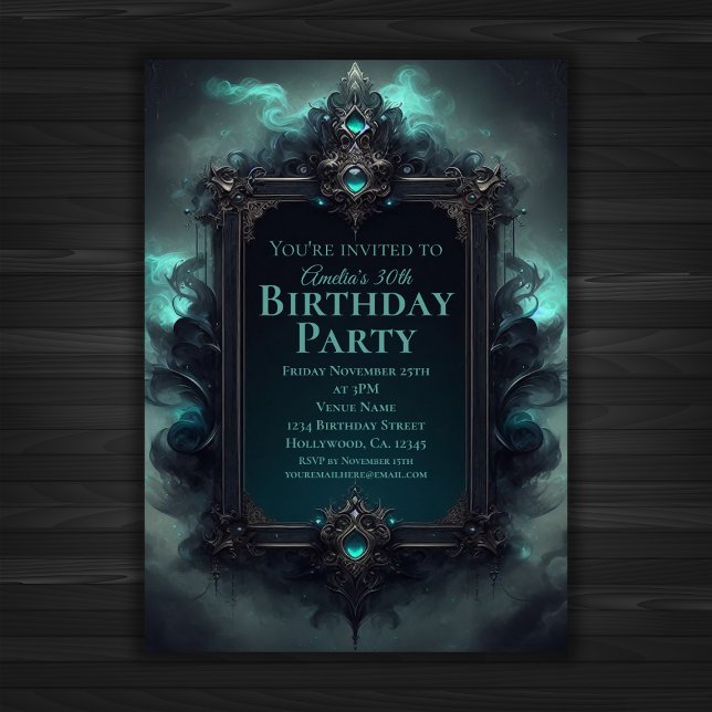 Invitación Cumpleaños místico negro y Verde azulado (Subido por el creador)
