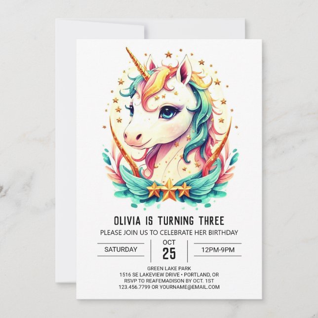 Invitación Cumpleaños mítico y elegante de Unicornio (Anverso)